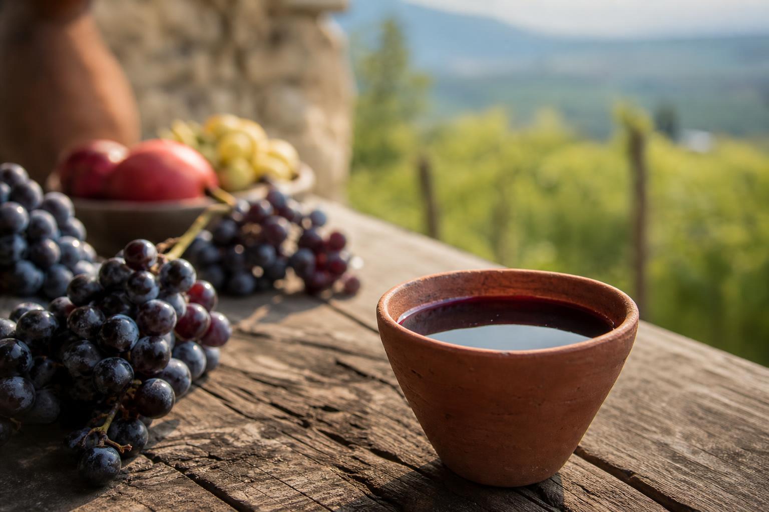 Flashcard image for the Georgian word ღვინო (Wine)